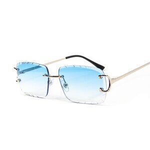 Men's Rimless Luxury Hip Hop Baby Blue Tint Silver Frame Rectangle Sunglasses
